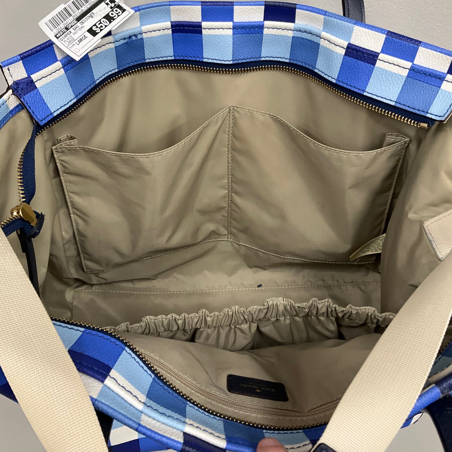 Diaper Bag Designer By Kate Spade In Plaid Pattern, Size:Large
