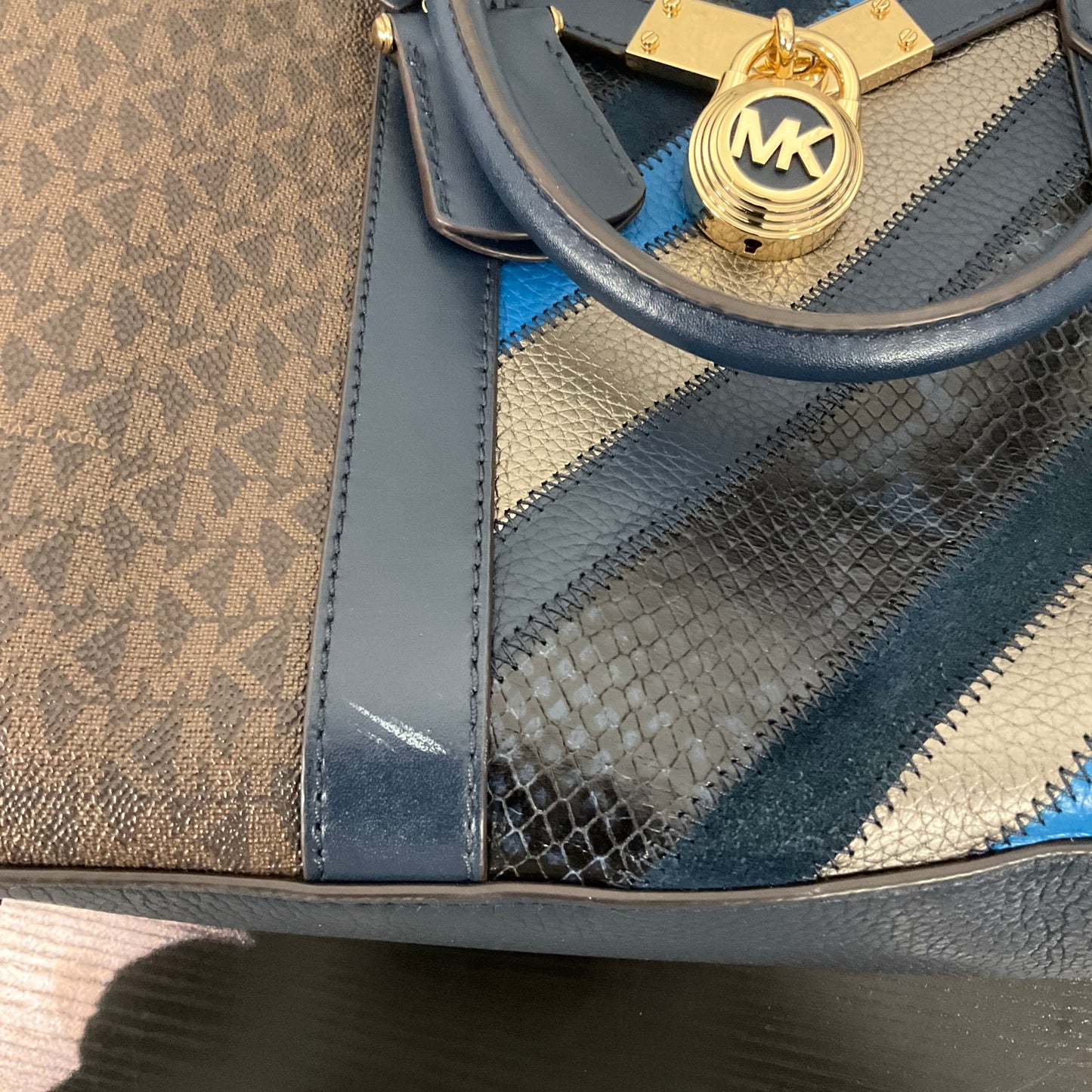 Handbag Designer By Michael Kors In Blue & Brown, Size:Medium