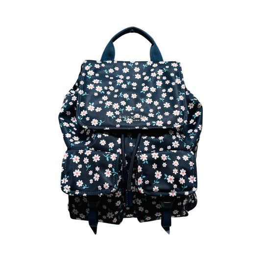 New York Carley Fleurette Nylon Flap with Magnetic Snap Closure Navy Blue with White & Pink Floral Backpack Designer By Kate Spade  Size: Medium