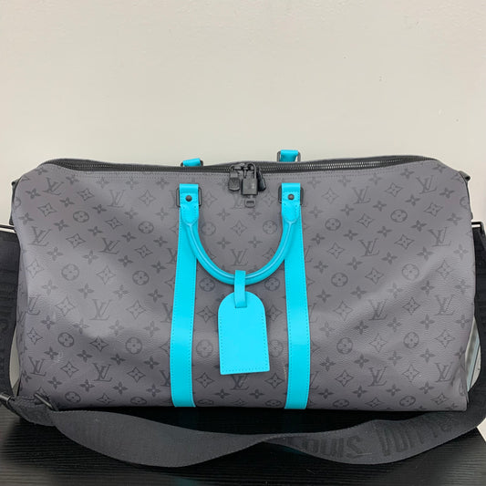 Keepall Bandouliere 55 Luxury Designer By Louis Vuitton In Black & Blue, Size:Large