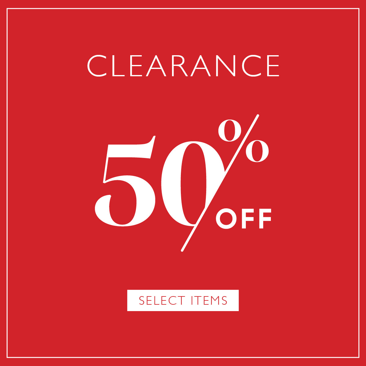 red square with white text, 50% off clearance