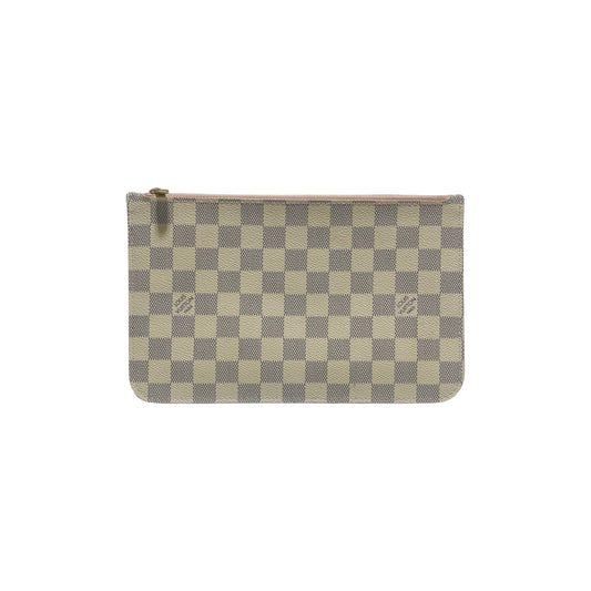 Neverfull Pochette Damier Azur White Checked Canvas with Rose Ballerine Interior with Gold-Tone Hardware Clutch Luxury Designer By Louis Vuitton  Size: Small